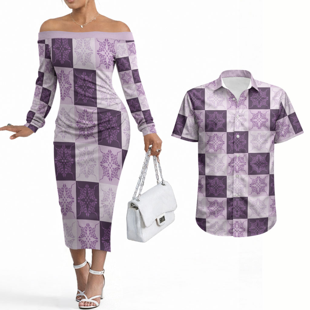 Lavender Manta Ray Hawaiian Quilt Motif Couples Matching Off The Shoulder Long Sleeve Dress and Hawaiian Shirt LT05 Purple - Polynesian Pride