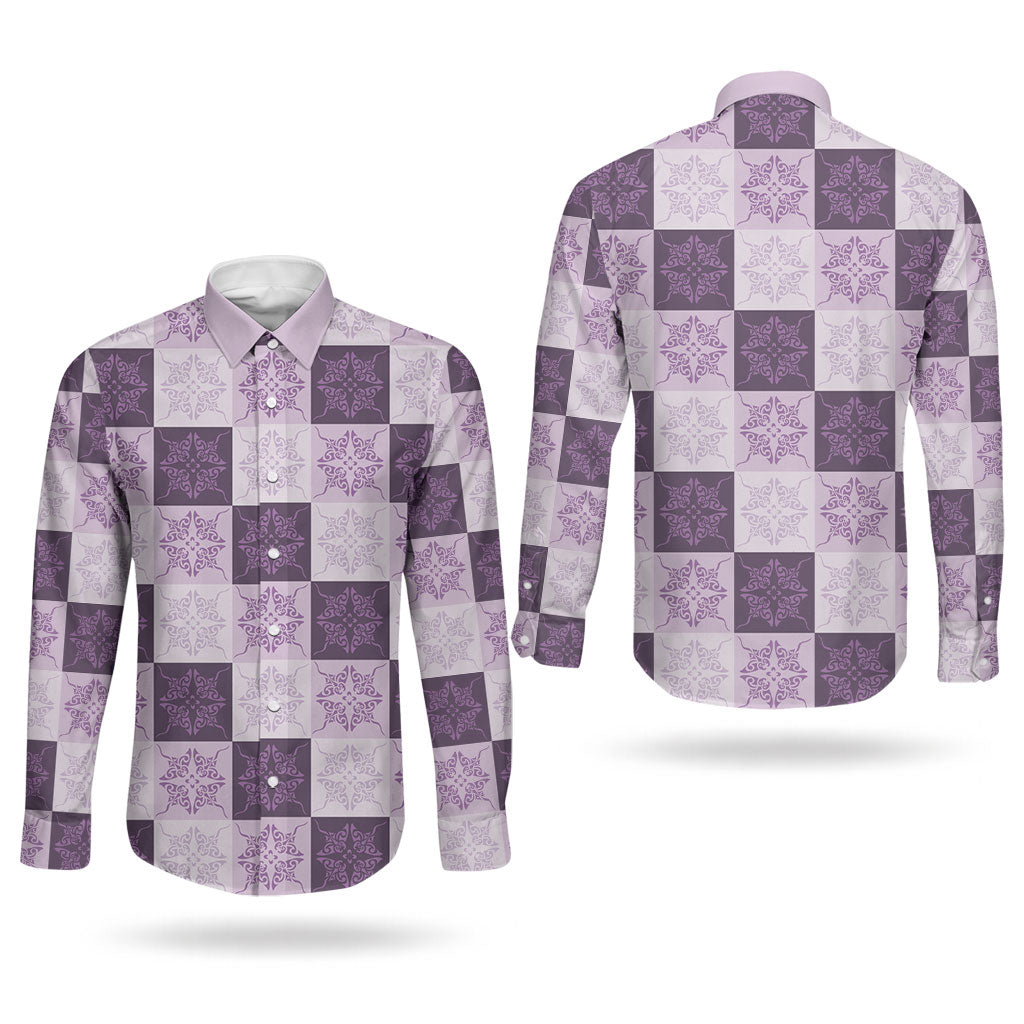 Lavender Manta Ray Hawaiian Quilt Motif Couples Matching Off The Shoulder Long Sleeve Dress and Long Sleeve Button Shirt