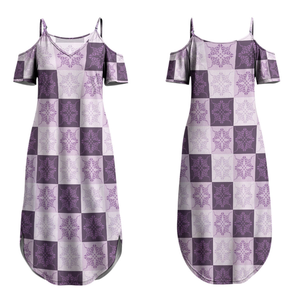 Lavender Manta Ray Hawaiian Quilt Motif Couples Matching Summer Maxi Dress and Hawaiian Shirt
