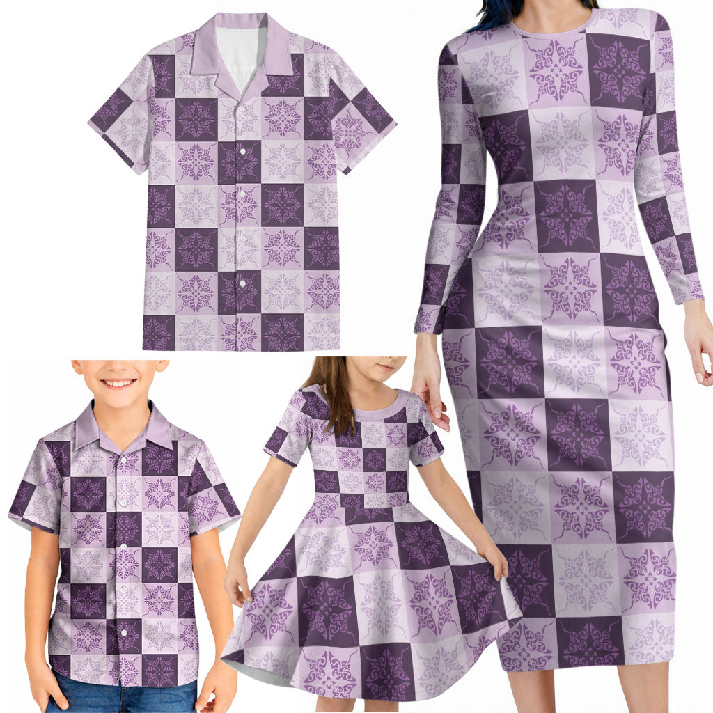 Lavender Manta Ray Hawaiian Quilt Motif Family Matching Long Sleeve Bodycon Dress and Hawaiian Shirt