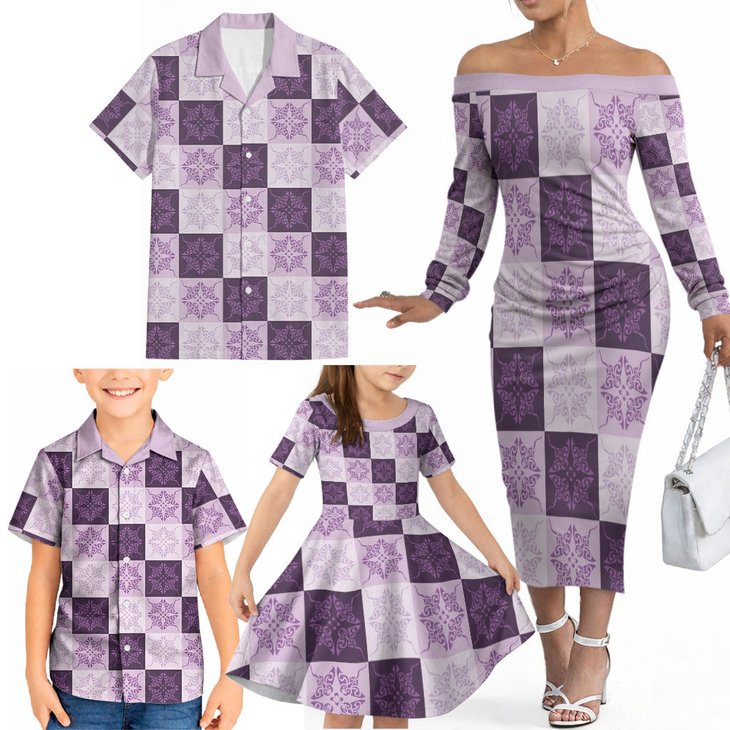 Lavender Manta Ray Hawaiian Quilt Motif Family Matching Off The Shoulder Long Sleeve Dress and Hawaiian Shirt LT05 - Polynesian Pride