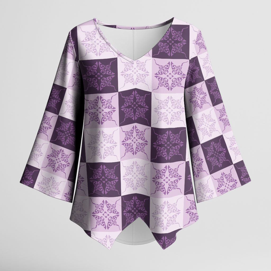 Lavender Manta Ray Hawaiian Quilt Motif Kimono Sleeve Blouse