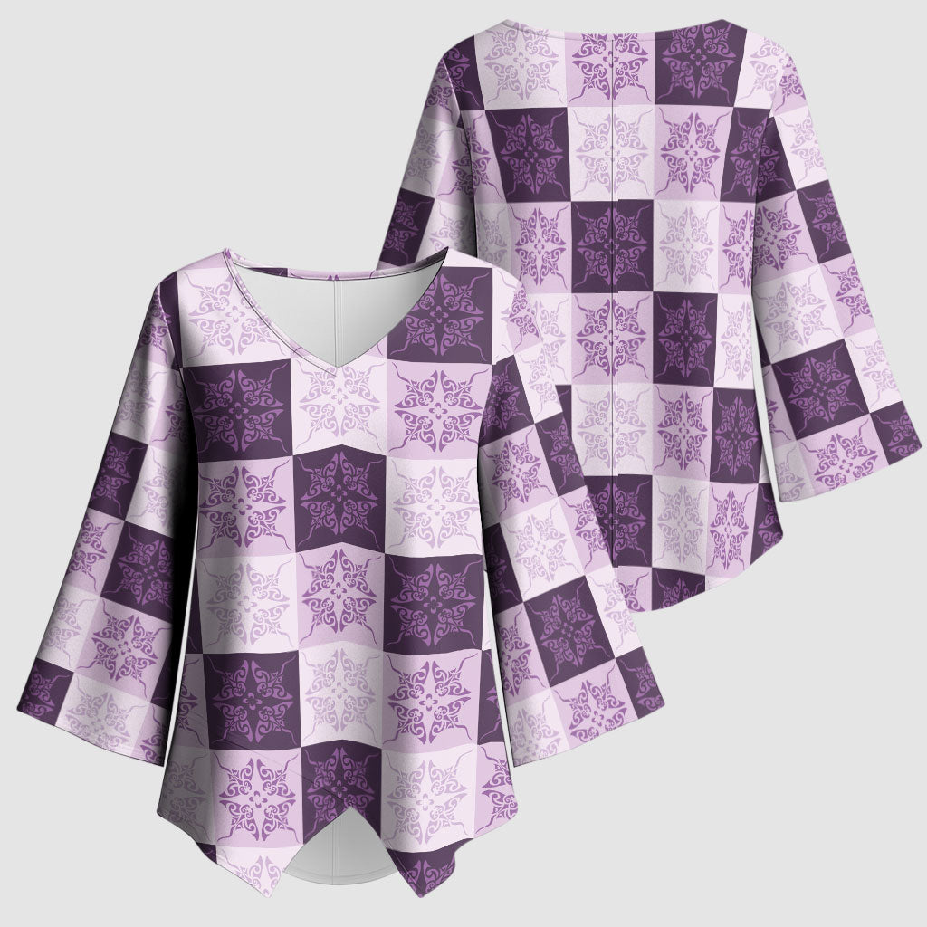 Lavender Manta Ray Hawaiian Quilt Motif Kimono Sleeve Blouse