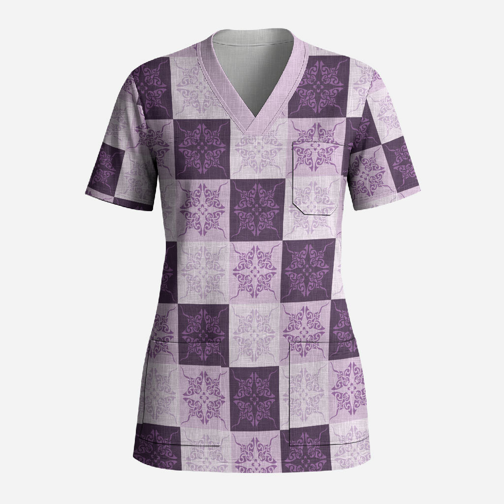 Lavender Manta Ray Hawaiian Quilt Motif Scrub Top LT05 Adult Purple - Polynesian Pride