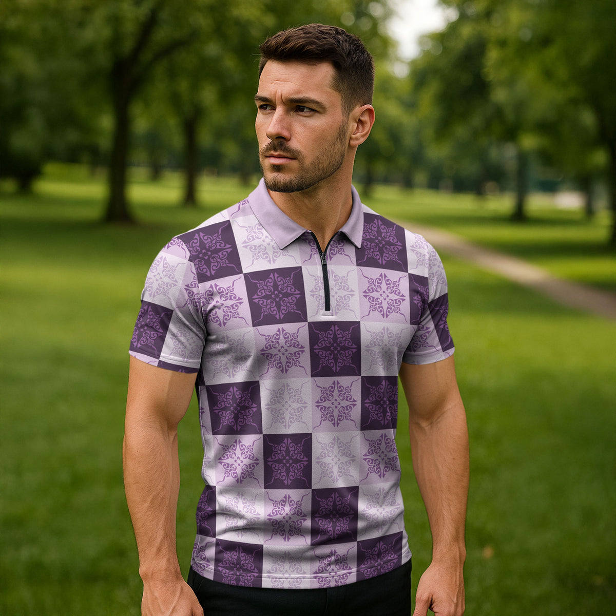 Lavender Manta Ray Hawaiian Quilt Motif Zipper Polo Shirt LT05 - Polynesian Pride