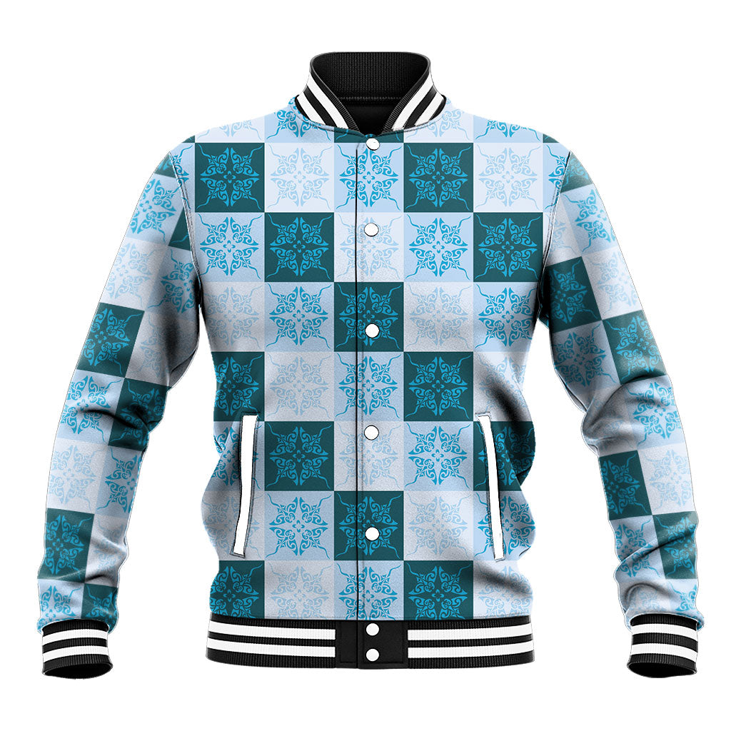 Cyan Manta Ray Hawaiian Quilt Motif Baseball Jacket