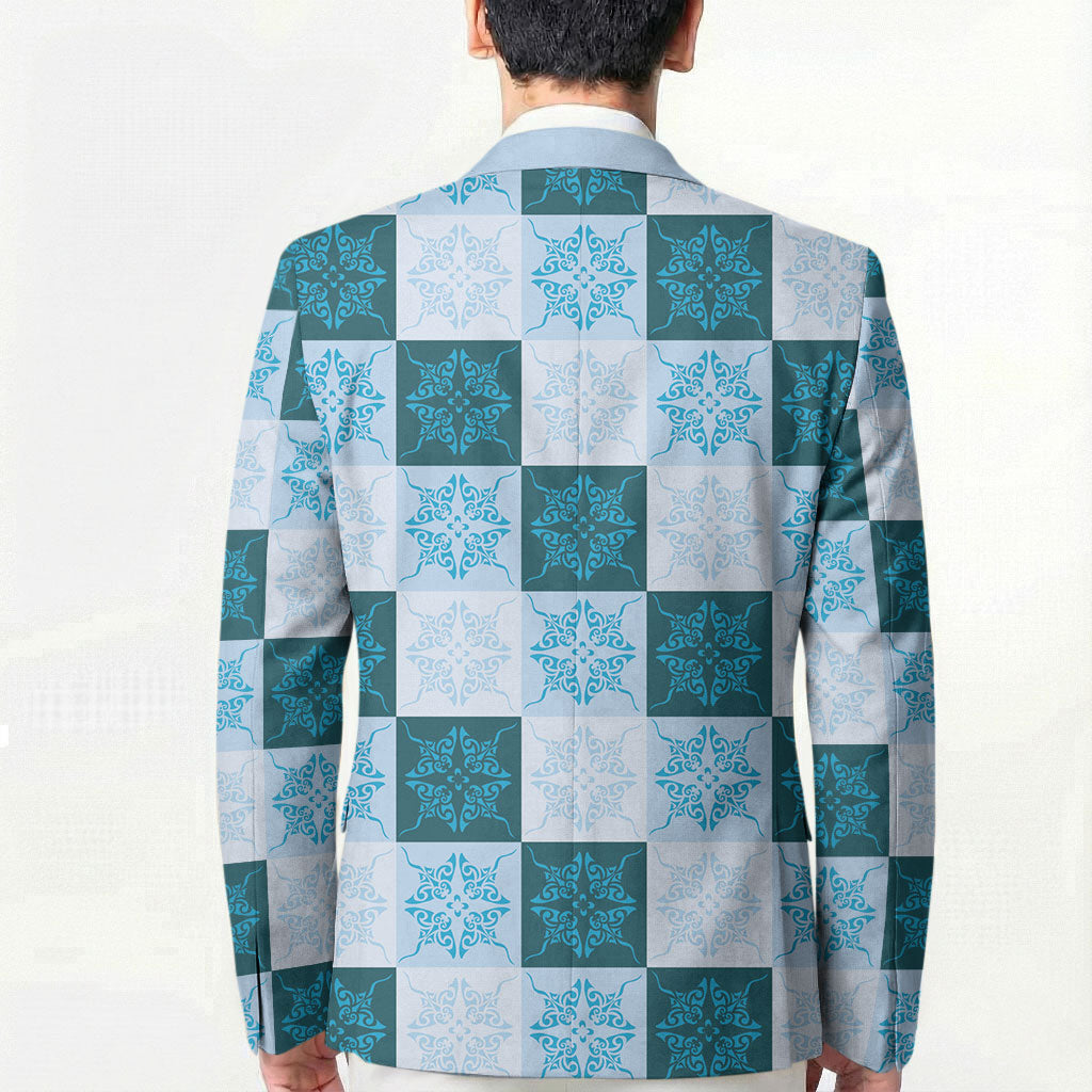 Cyan Manta Ray Hawaiian Quilt Motif Blazer
