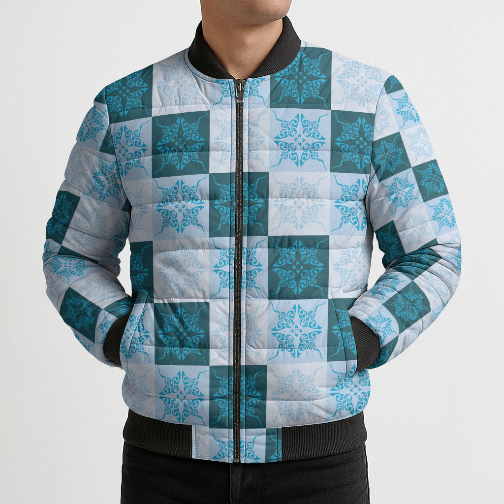 Cyan Manta Ray Hawaiian Quilt Motif Bomber Puffer Jacket