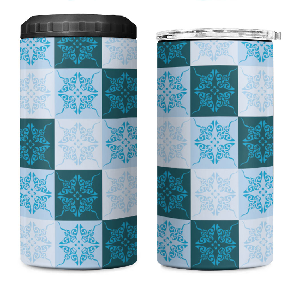 Cyan Manta Ray Hawaiian Quilt Motif 4 in 1 Can Cooler Tumbler