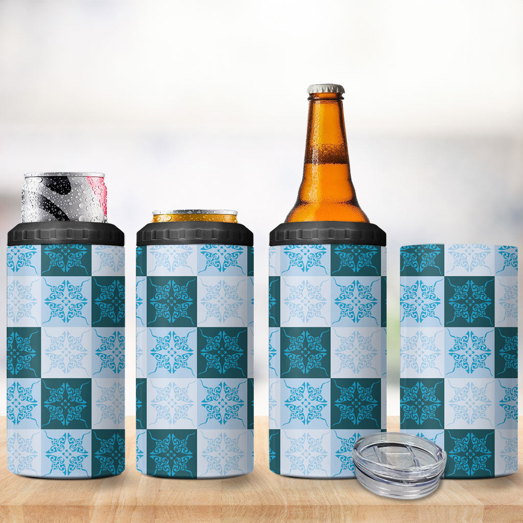 Cyan Manta Ray Hawaiian Quilt Motif 4 in 1 Can Cooler Tumbler