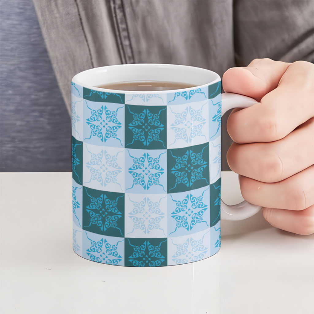 Cyan Manta Ray Hawaiian Quilt Motif Ceramic Mug