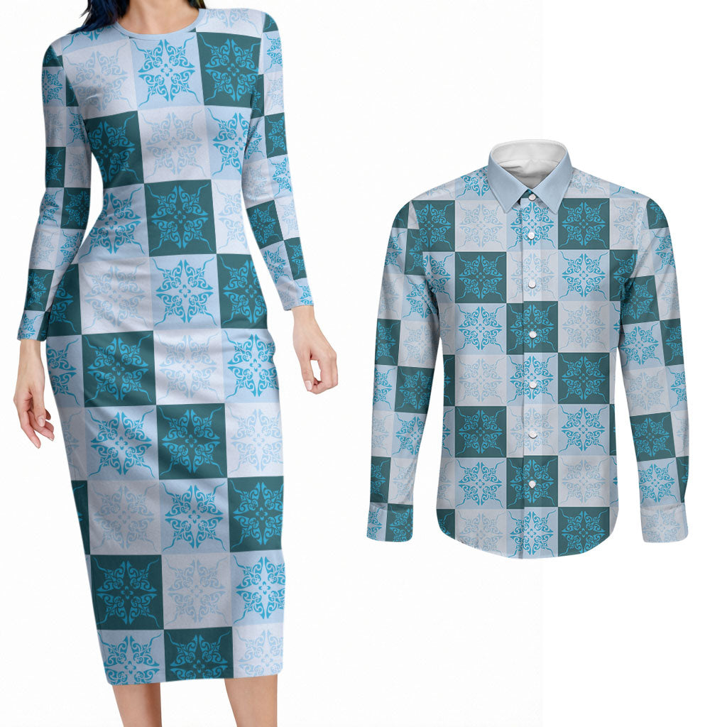 Cyan Manta Ray Hawaiian Quilt Motif Couples Matching Long Sleeve Bodycon Dress and Long Sleeve Button Shirt
