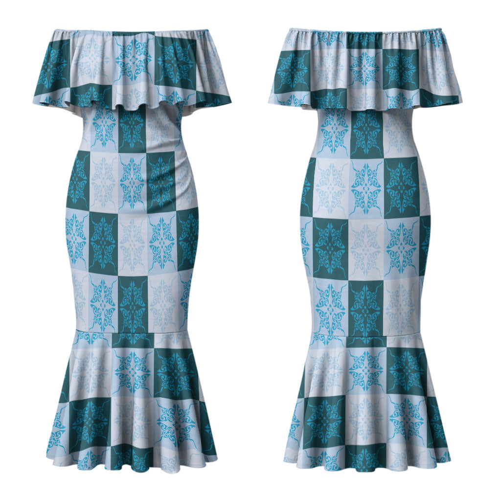 Cyan Manta Ray Hawaiian Quilt Motif Couples Matching Mermaid Dress and Long Sleeve Button Shirt