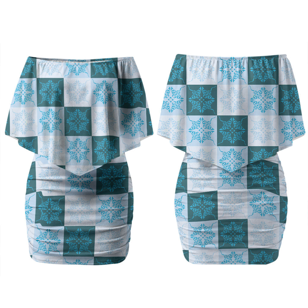 Cyan Manta Ray Hawaiian Quilt Motif Couples Matching Off Shoulder Short Dress and Hawaiian Shirt