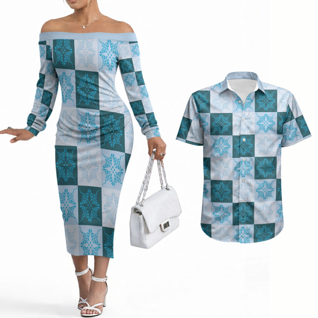 Cyan Manta Ray Hawaiian Quilt Motif Couples Matching Off The Shoulder Long Sleeve Dress and Hawaiian Shirt LT05 Blue - Polynesian Pride
