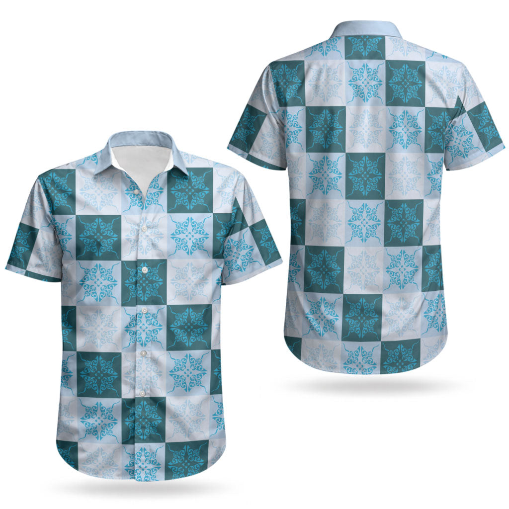 Cyan Manta Ray Hawaiian Quilt Motif Couples Matching Off The Shoulder Long Sleeve Dress and Hawaiian Shirt