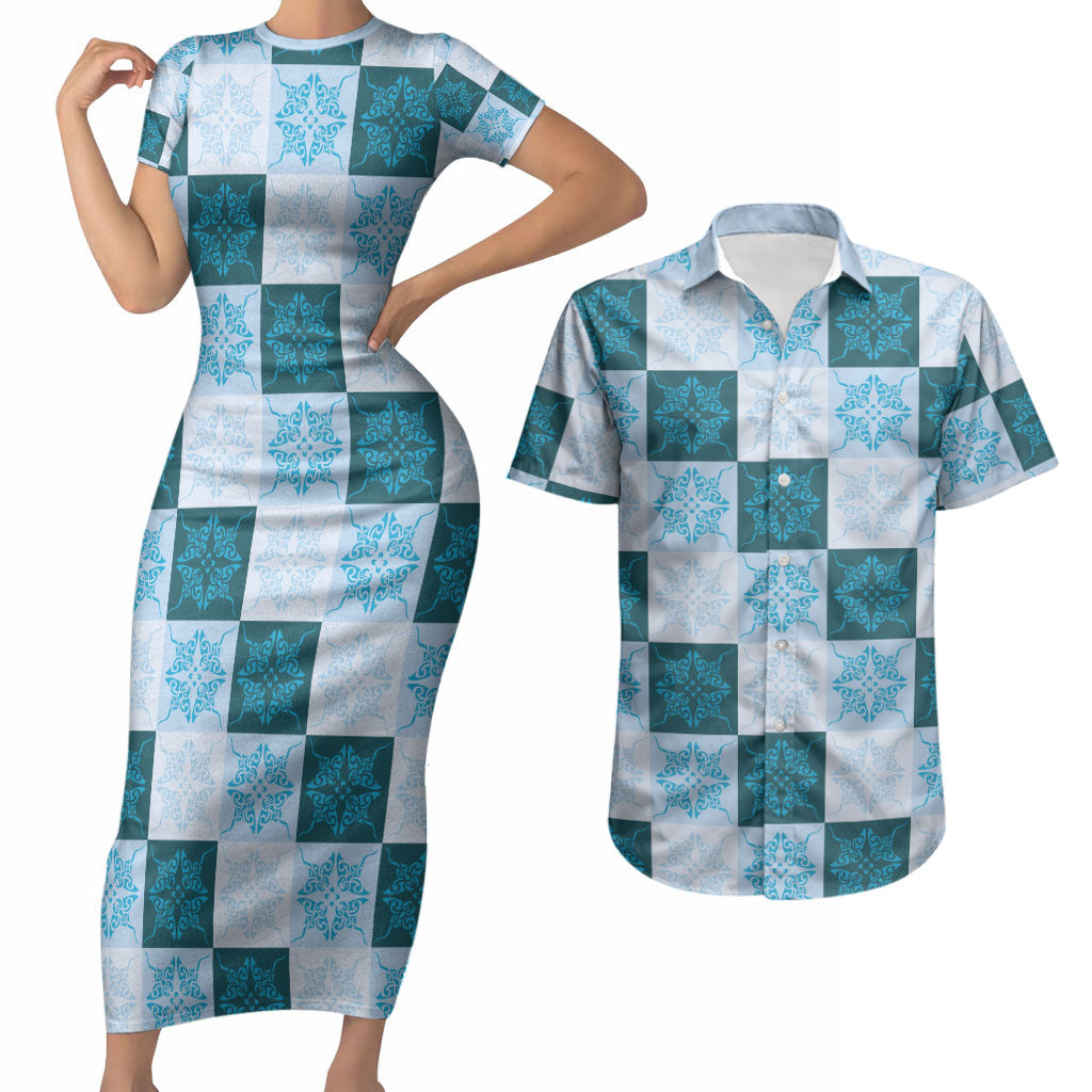 Cyan Manta Ray Hawaiian Quilt Motif Couples Matching Short Sleeve Bodycon Dress and Hawaiian Shirt LT05 Blue - Polynesian Pride