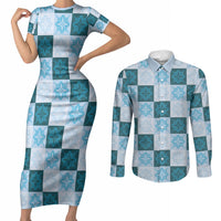 Cyan Manta Ray Hawaiian Quilt Motif Couples Matching Short Sleeve Bodycon Dress and Long Sleeve Button Shirt