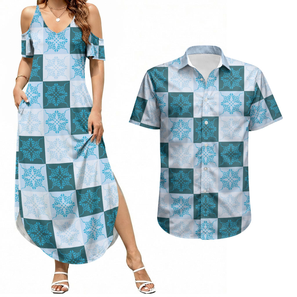 Cyan Manta Ray Hawaiian Quilt Motif Couples Matching Summer Maxi Dress and Hawaiian Shirt