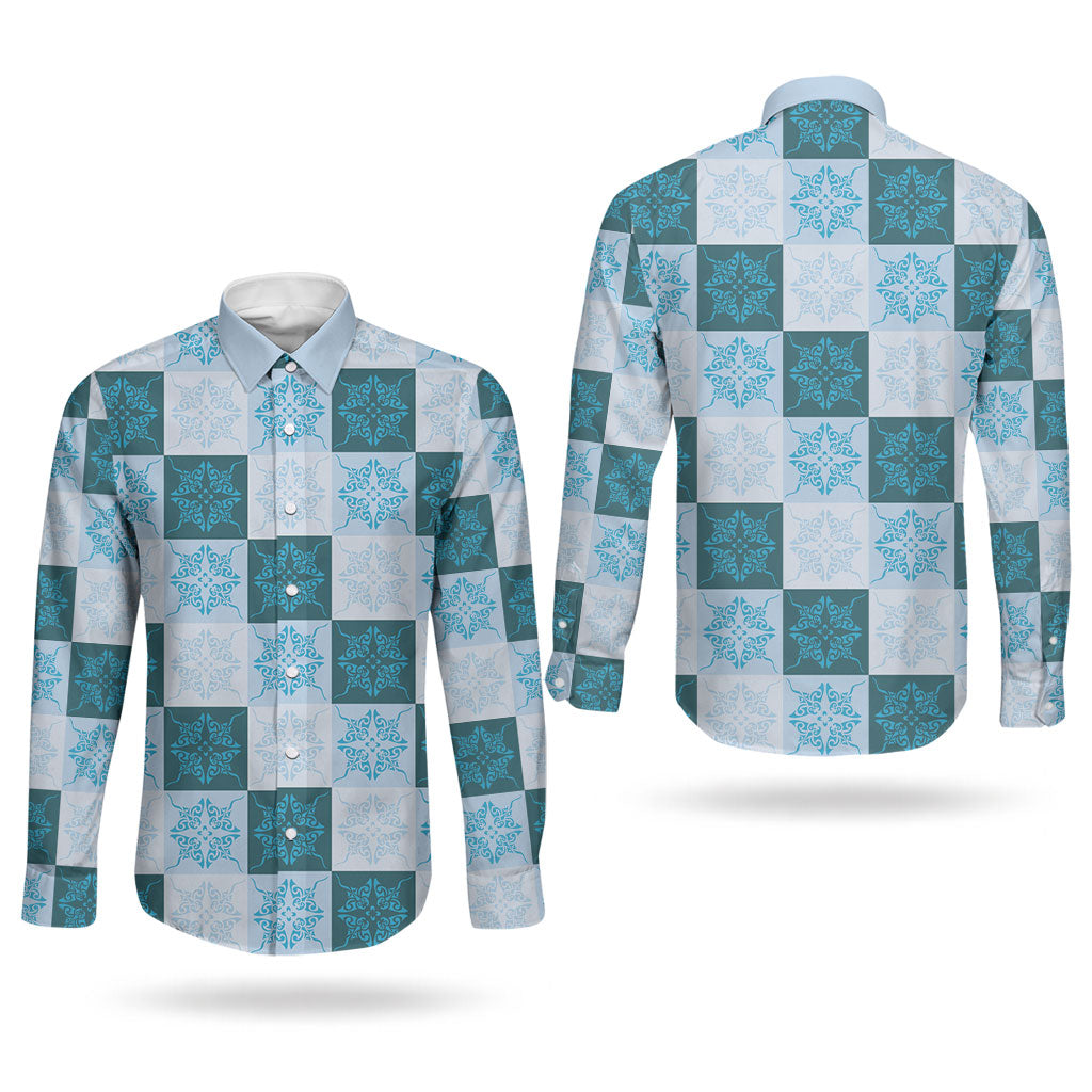 Cyan Manta Ray Hawaiian Quilt Motif Couples Matching Summer Maxi Dress and Long Sleeve Button Shirt