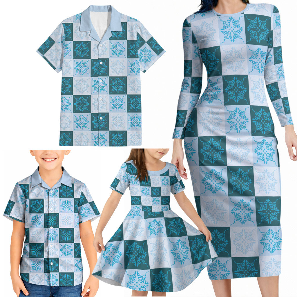 Cyan Manta Ray Hawaiian Quilt Motif Family Matching Long Sleeve Bodycon Dress and Hawaiian Shirt LT05 - Polynesian Pride