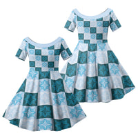 Cyan Manta Ray Hawaiian Quilt Motif Family Matching Mermaid Dress and Hawaiian Shirt