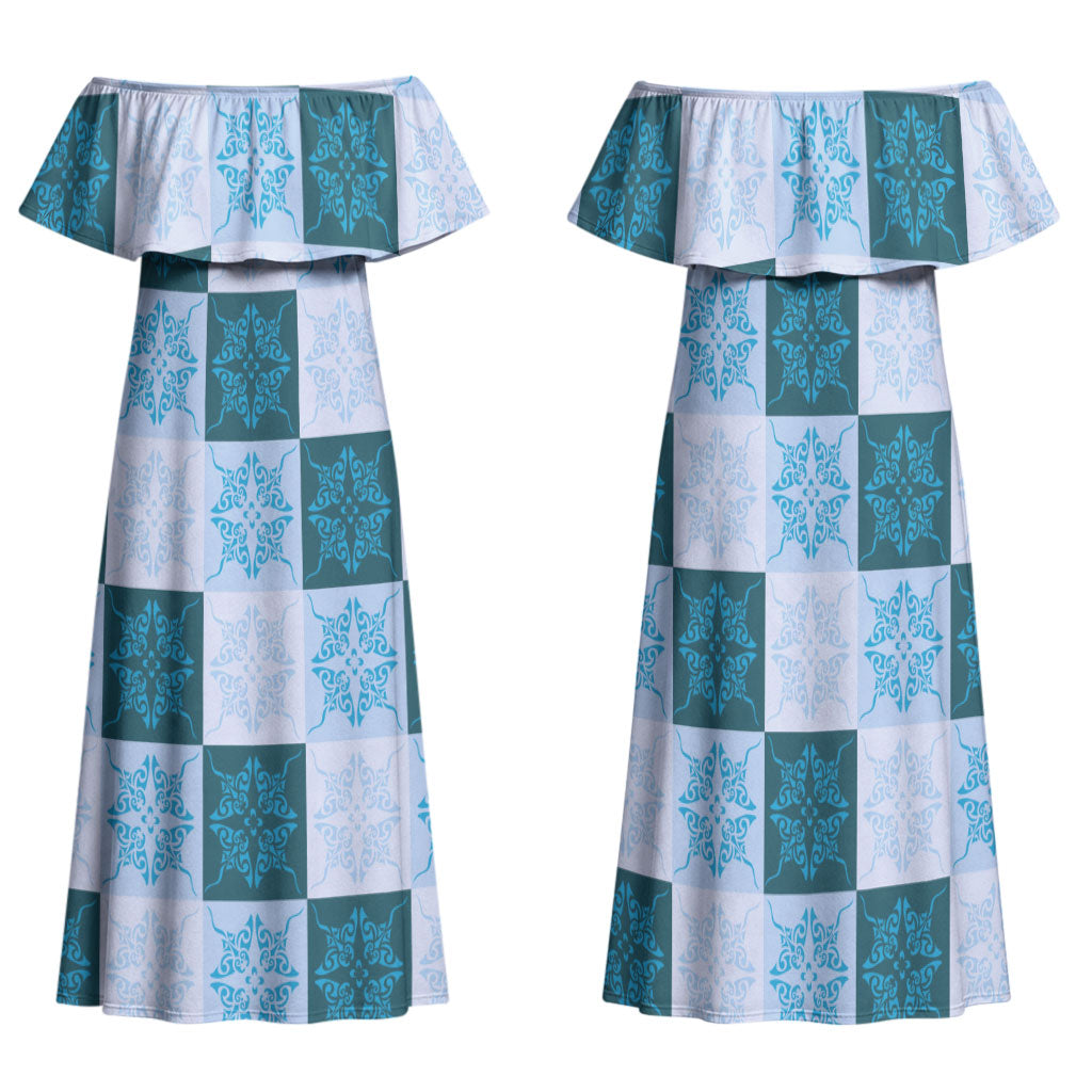 Cyan Manta Ray Hawaiian Quilt Motif Family Matching Off Shoulder Maxi Dress and Hawaiian Shirt LT05 Mom's Dress Blue - Polynesian Pride