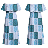 Cyan Manta Ray Hawaiian Quilt Motif Family Matching Off Shoulder Maxi Dress and Hawaiian Shirt LT05 Mom's Dress Blue - Polynesian Pride