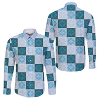 Cyan Manta Ray Hawaiian Quilt Motif Family Matching Off Shoulder Maxi Dress and Hawaiian Shirt LT05 Dad's Shirt - Long Sleeve Blue - Polynesian Pride
