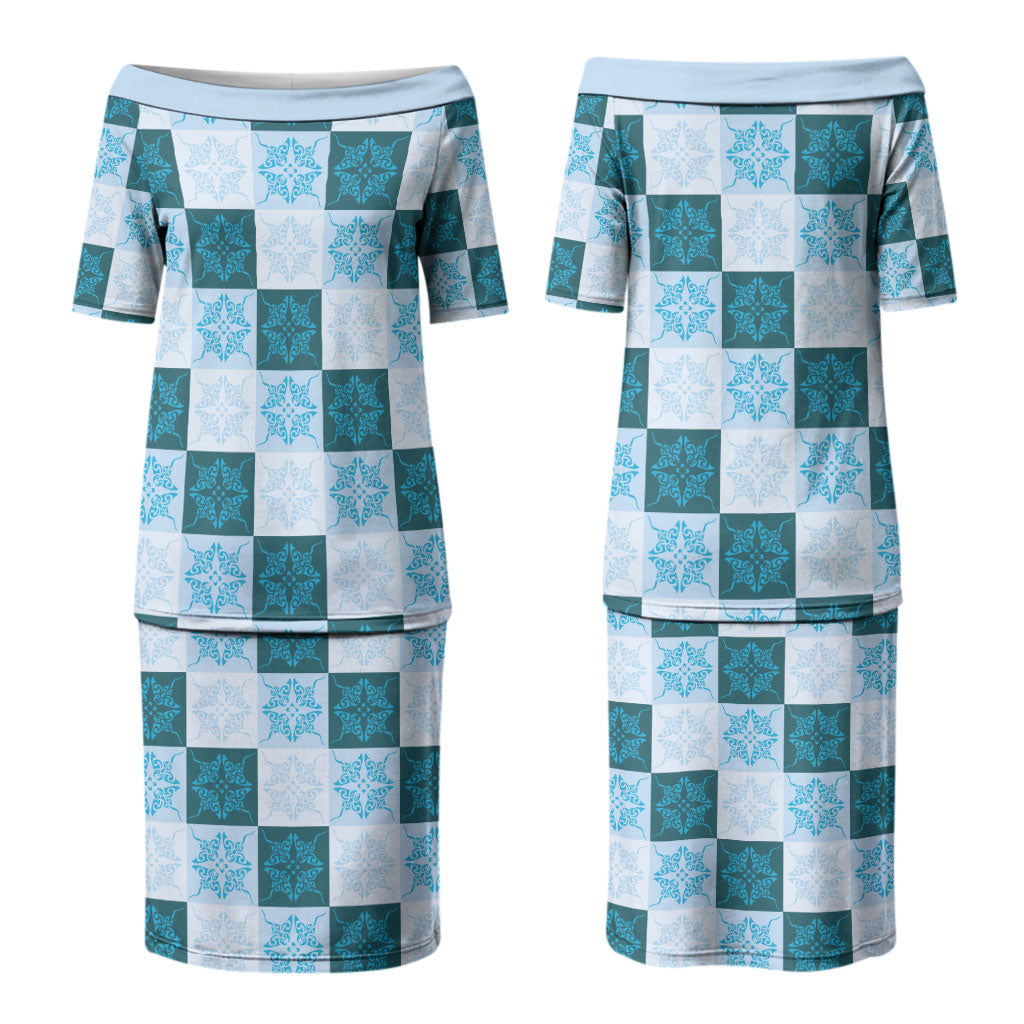 Cyan Manta Ray Hawaiian Quilt Motif Family Matching Puletasi and Hawaiian Shirt