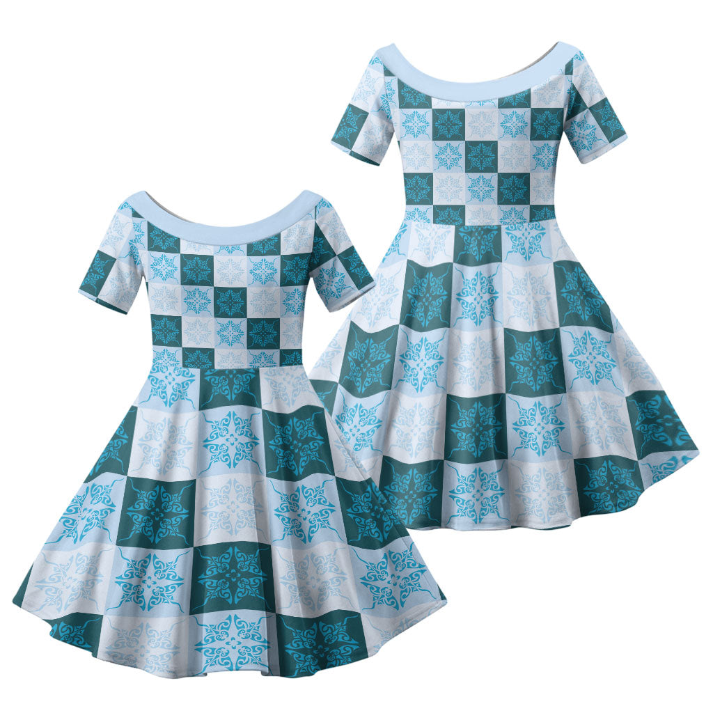 Cyan Manta Ray Hawaiian Quilt Motif Family Matching Short Sleeve Bodycon Dress and Hawaiian Shirt