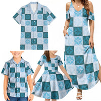 Cyan Manta Ray Hawaiian Quilt Motif Family Matching Summer Maxi Dress and Hawaiian Shirt LT05 - Polynesian Pride