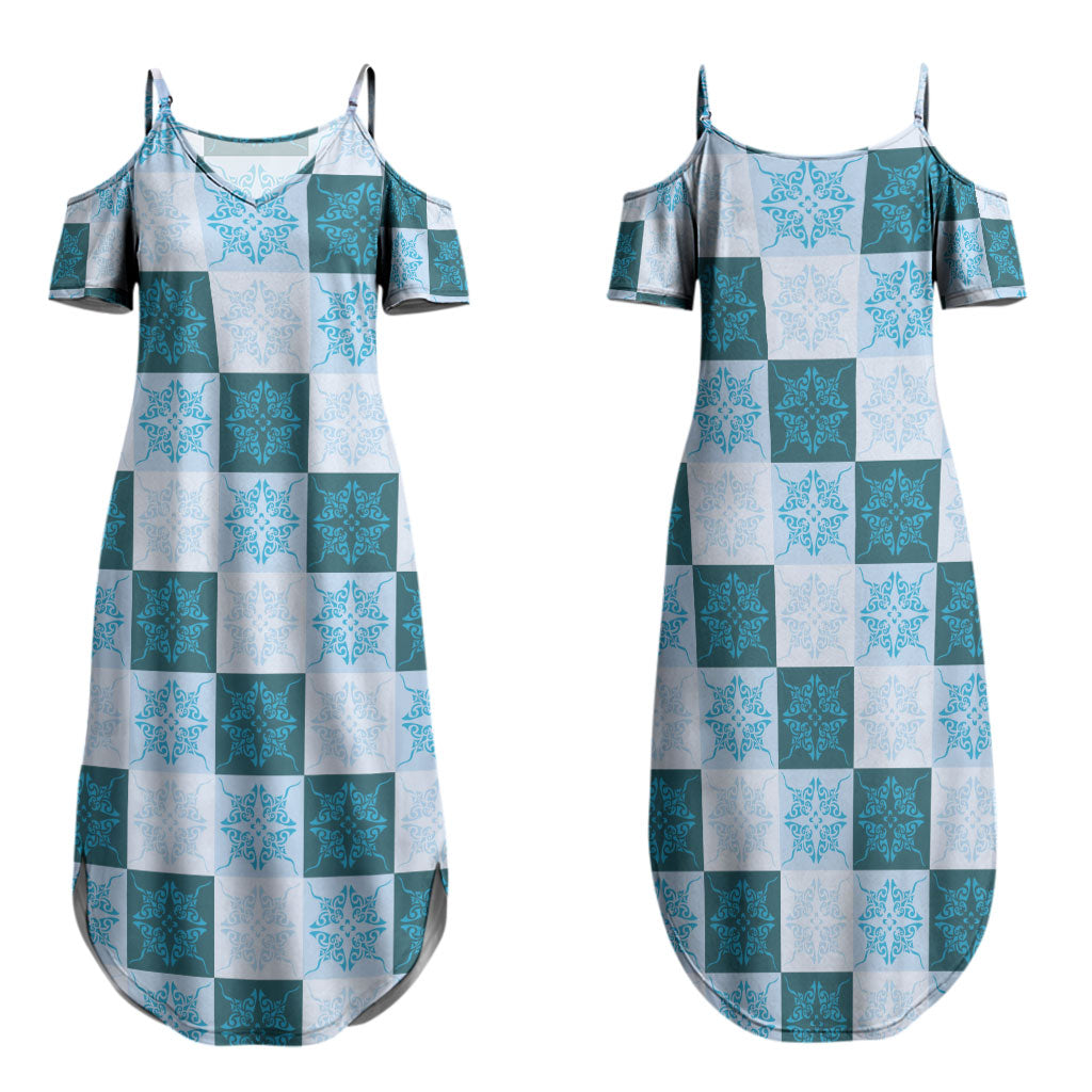 Cyan Manta Ray Hawaiian Quilt Motif Family Matching Summer Maxi Dress and Hawaiian Shirt LT05 Mom's Dress Blue - Polynesian Pride