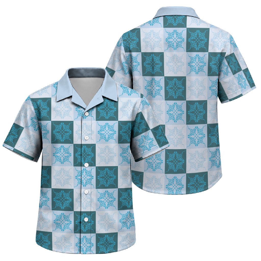 Cyan Manta Ray Hawaiian Quilt Motif Family Matching Summer Maxi Dress and Hawaiian Shirt LT05 Son's Shirt Blue - Polynesian Pride