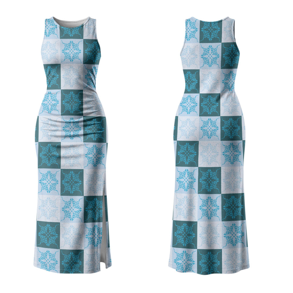 Cyan Manta Ray Hawaiian Quilt Motif Family Matching Tank Maxi Dress and Hawaiian Shirt