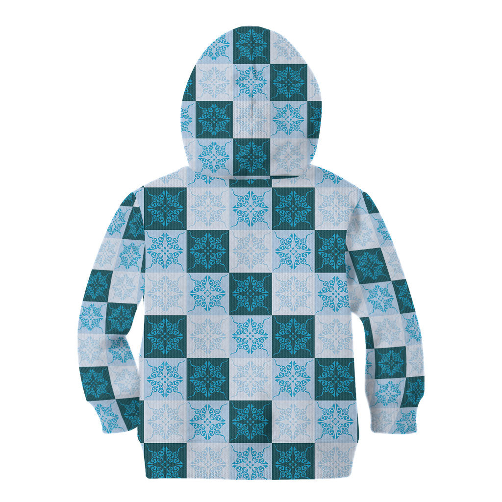 Cyan Manta Ray Hawaiian Quilt Motif Kid Hoodie