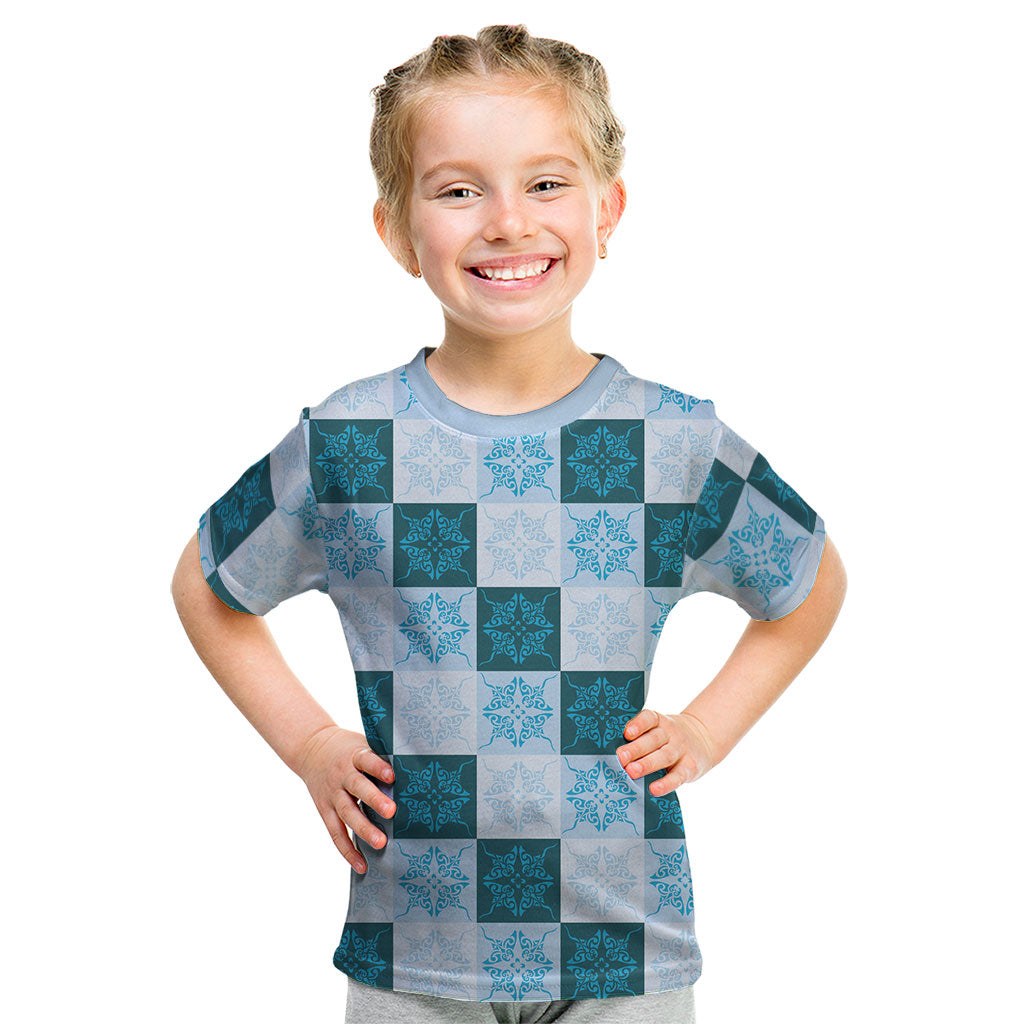 Cyan Manta Ray Hawaiian Quilt Motif Kid T Shirt