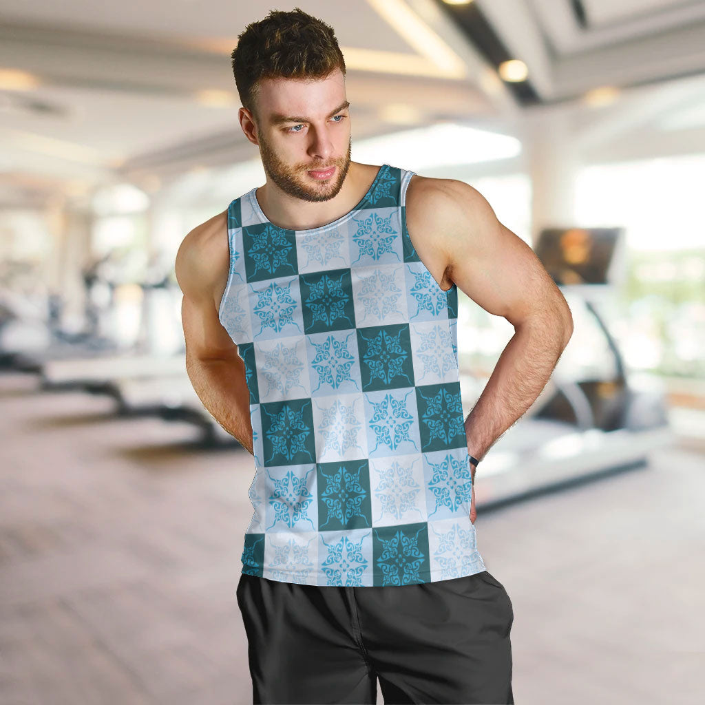 Cyan Manta Ray Hawaiian Quilt Motif Men Tank Top