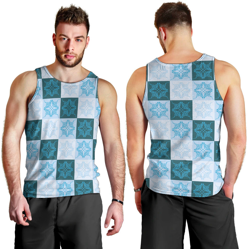 Cyan Manta Ray Hawaiian Quilt Motif Men Tank Top