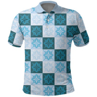 Cyan Manta Ray Hawaiian Quilt Motif Polo Shirt