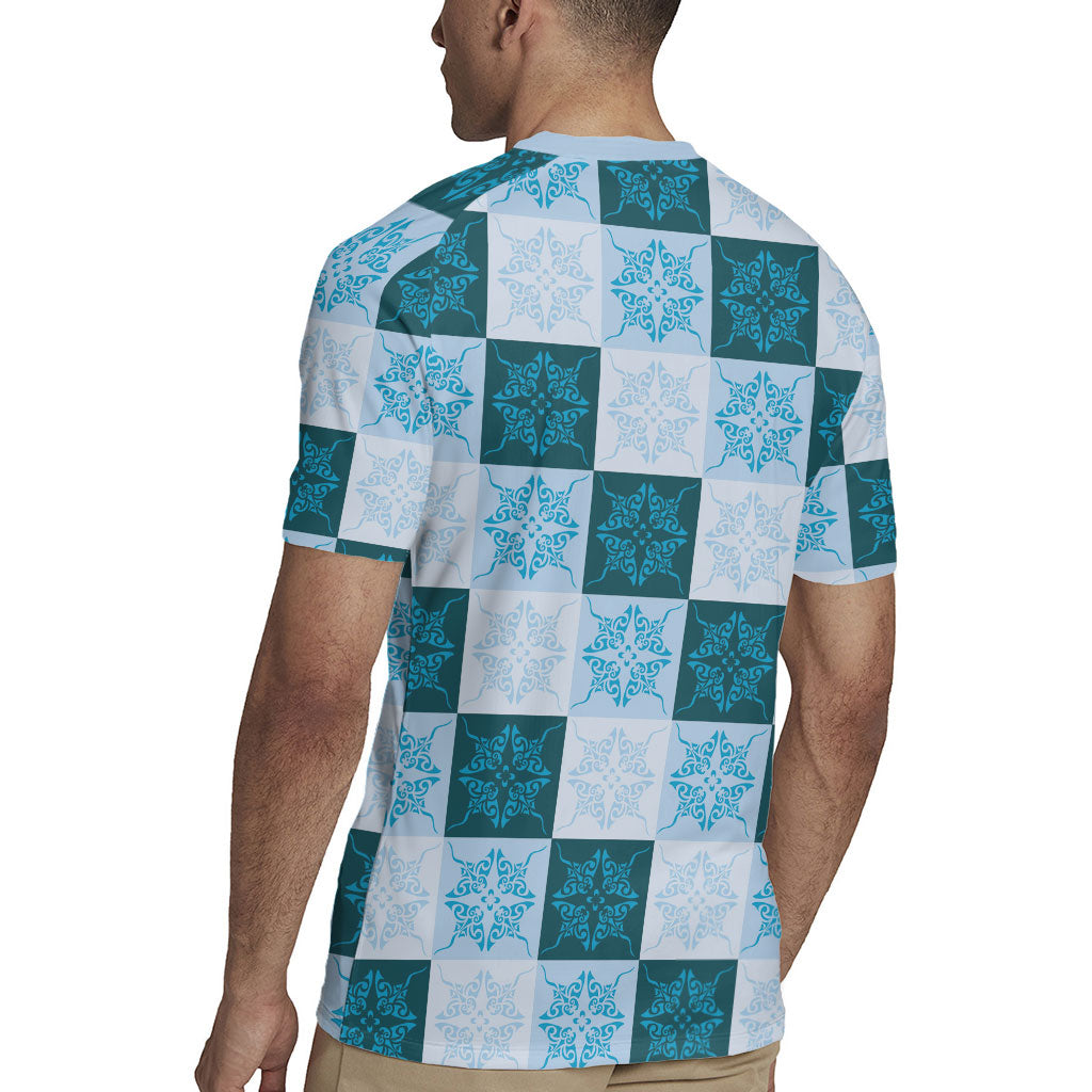 Cyan Manta Ray Hawaiian Quilt Motif Rugby Jersey