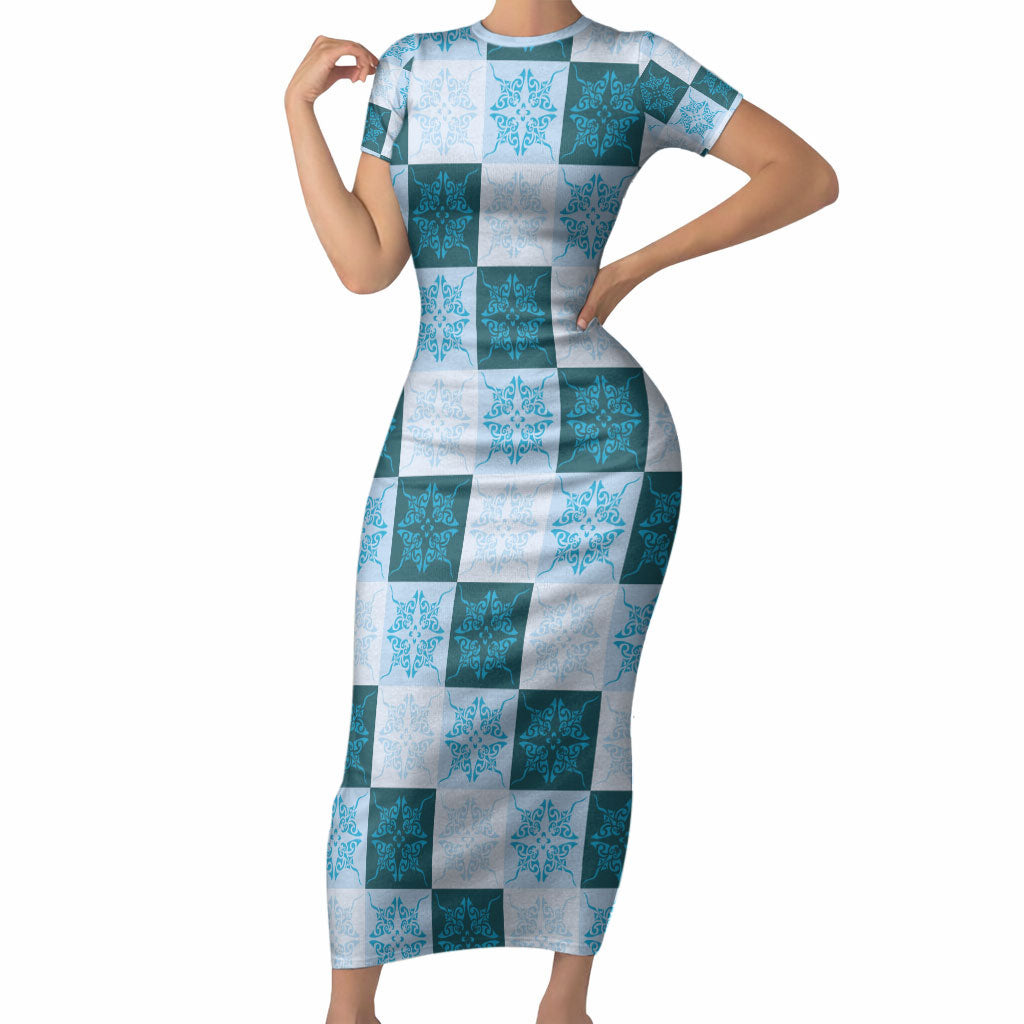 Cyan Manta Ray Hawaiian Quilt Motif Short Sleeve Bodycon Dress LT05 Long Dress Blue - Polynesian Pride