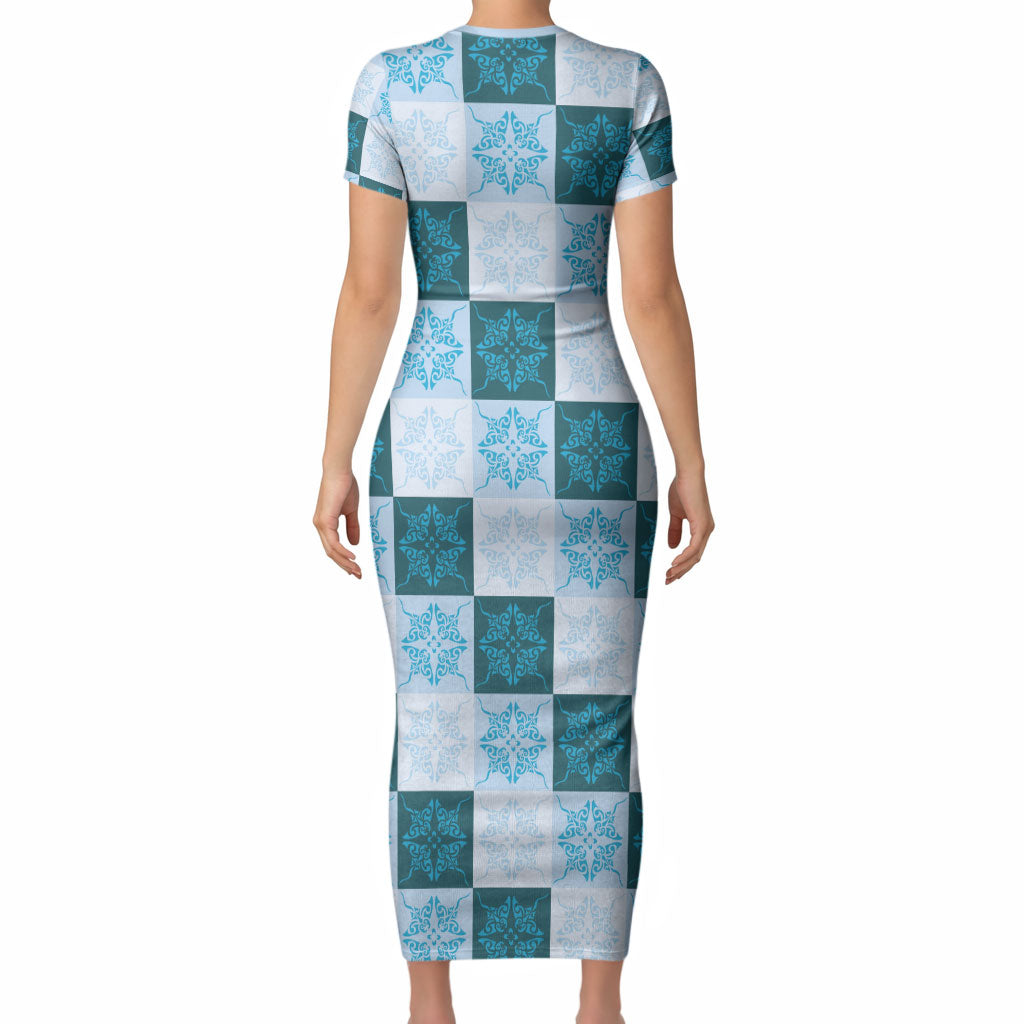 Cyan Manta Ray Hawaiian Quilt Motif Short Sleeve Bodycon Dress LT05 - Polynesian Pride