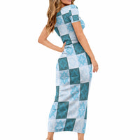 Cyan Manta Ray Hawaiian Quilt Motif Short Sleeve Bodycon Dress LT05 - Polynesian Pride