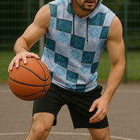Cyan Manta Ray Hawaiian Quilt Motif Sleeveless Hoodie