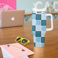 Cyan Manta Ray Hawaiian Quilt Motif Tumbler With Handle