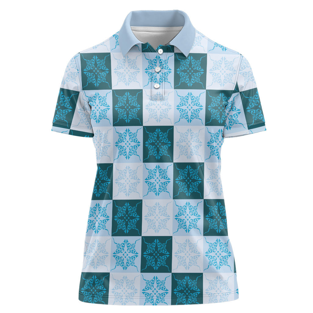 Cyan Manta Ray Hawaiian Quilt Motif Women Polo Shirt