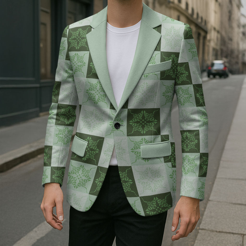 Sage Green Manta Ray Hawaiian Quilt Motif Blazer