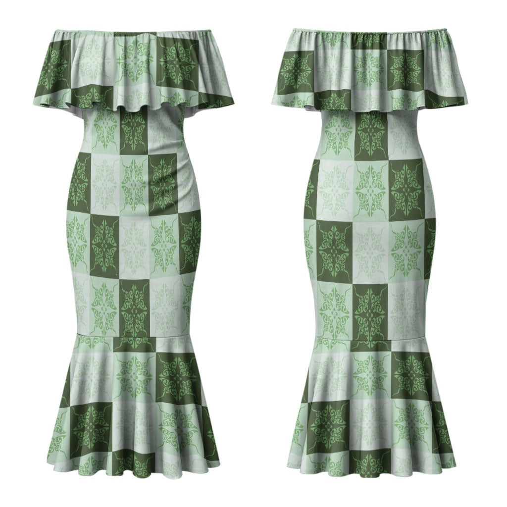Sage Green Manta Ray Hawaiian Quilt Motif Couples Matching Mermaid Dress and Hawaiian Shirt