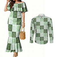 Sage Green Manta Ray Hawaiian Quilt Motif Couples Matching Mermaid Dress and Long Sleeve Button Shirt